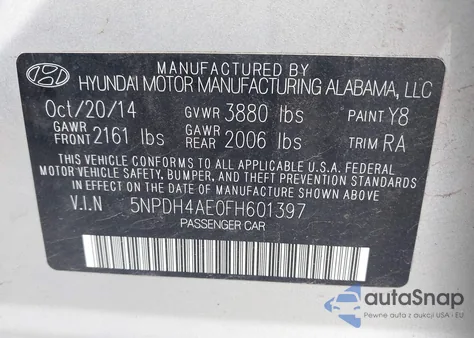 2015 Hyundai Elantra Se/Sport/Limited z USA, uszkodzony, nr VIN 5NPDH4AE0FH601397